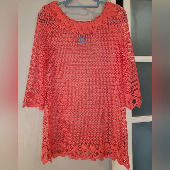 Simply Irrestible Cover-up Pink Scalloped Lace Crochet Beach Vibes - Picture 1 of 4